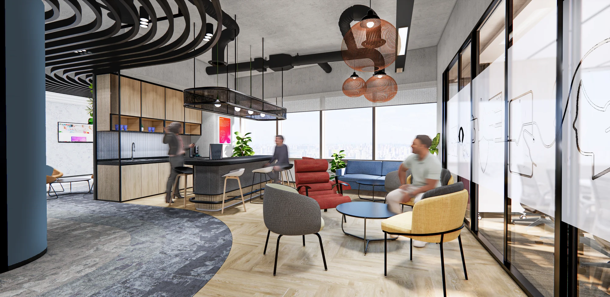 Hospitality-style workplace lounge with colourful seating
