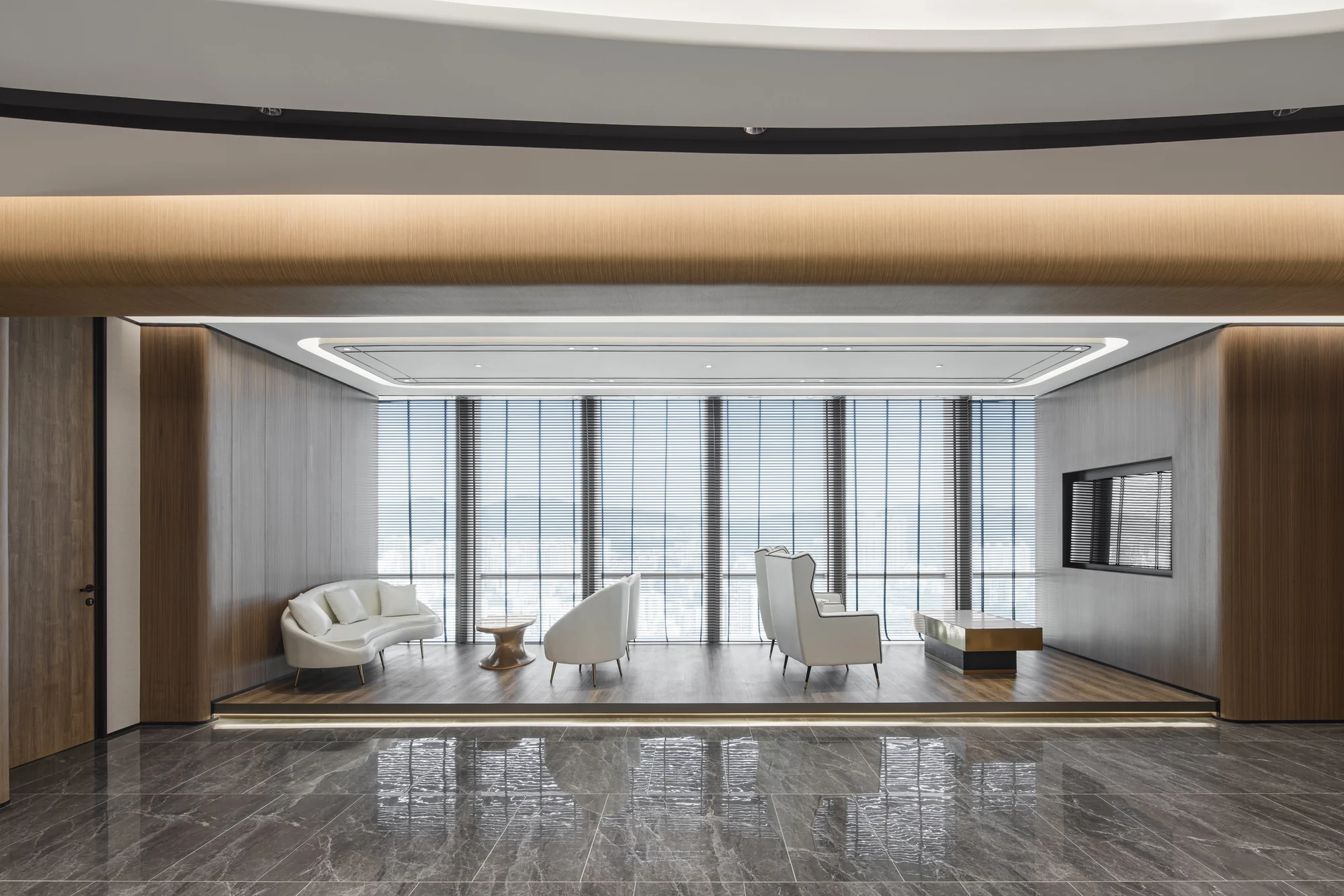 Luxury lounge with panoramic windows and timber ceiling