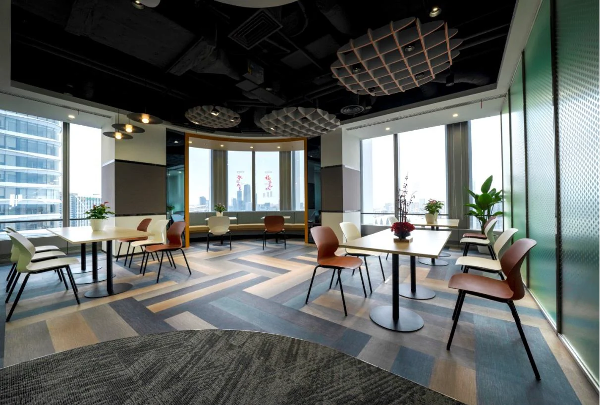 Layered regional lounge interior with art and glazing