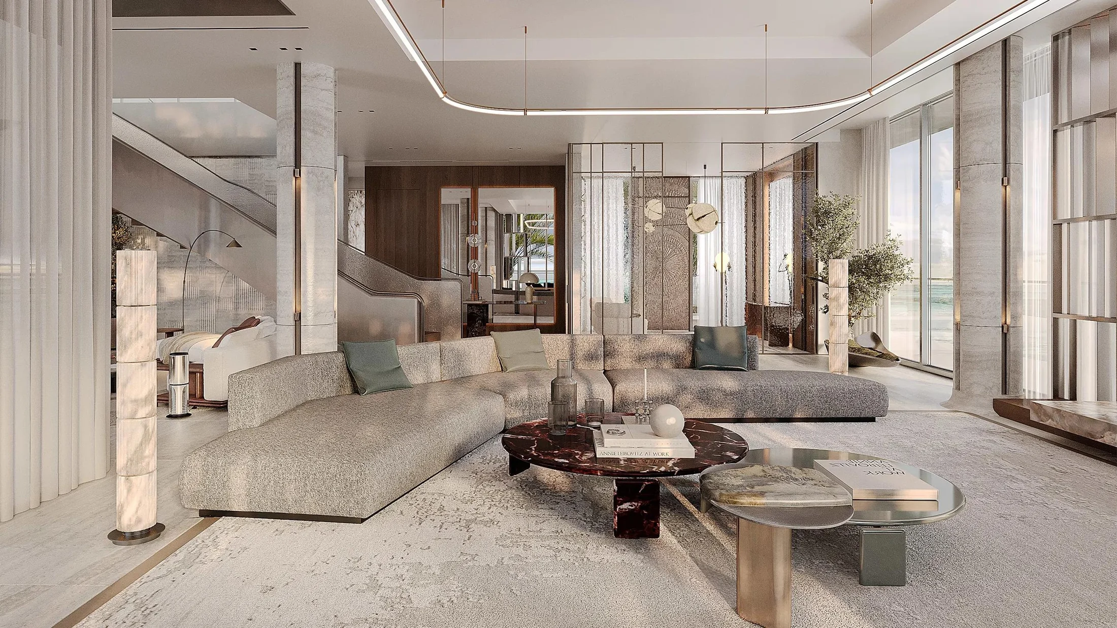 Luminous luxury villa salon with sculptural furniture