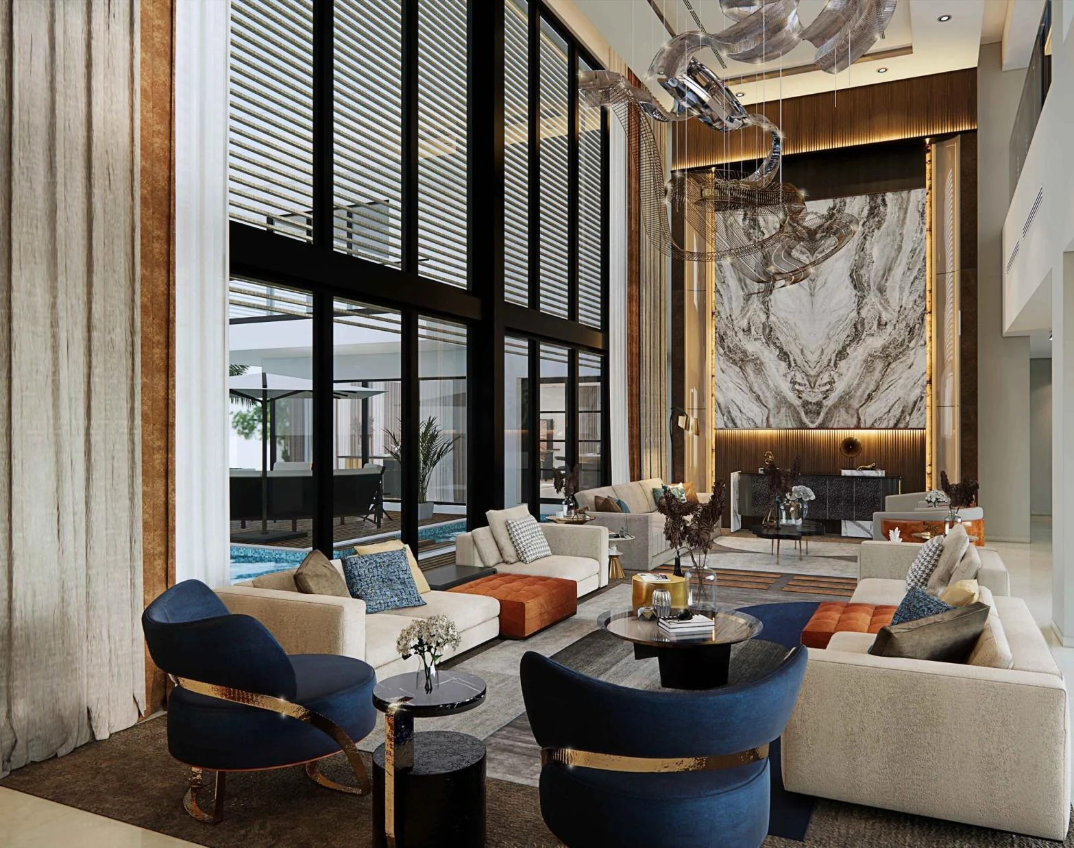 Double-height luxury villa salon with stone feature wall
