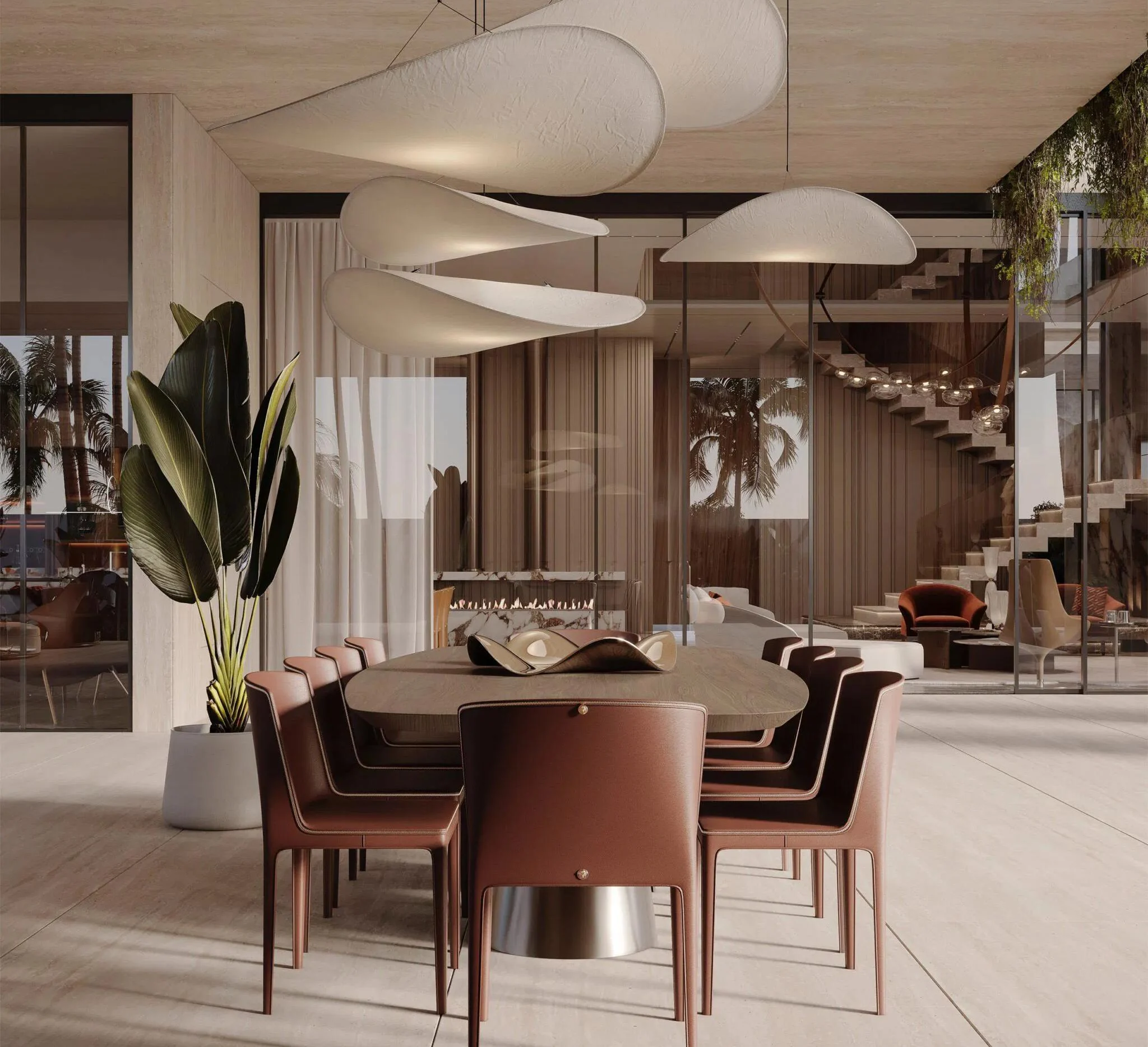 Warm contemporary villa dining and living interior