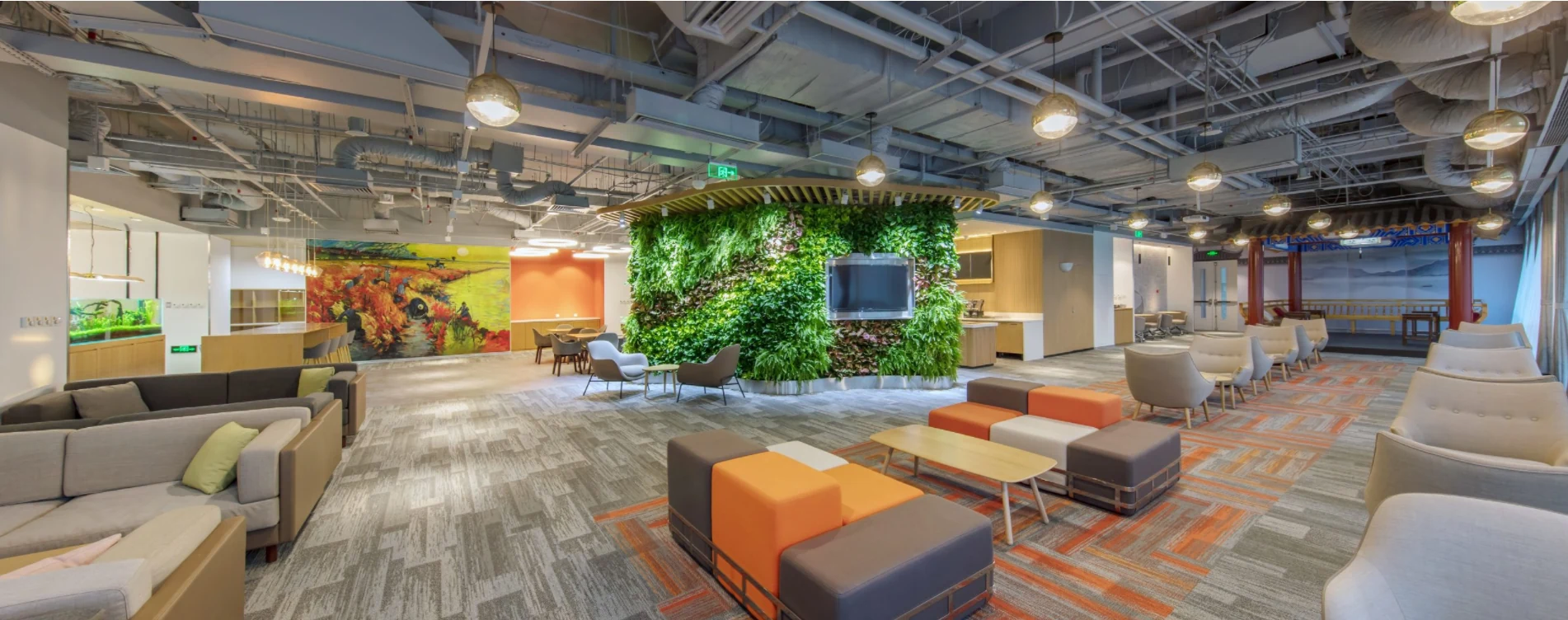 Open-plan workplace with collaboration and focus settings